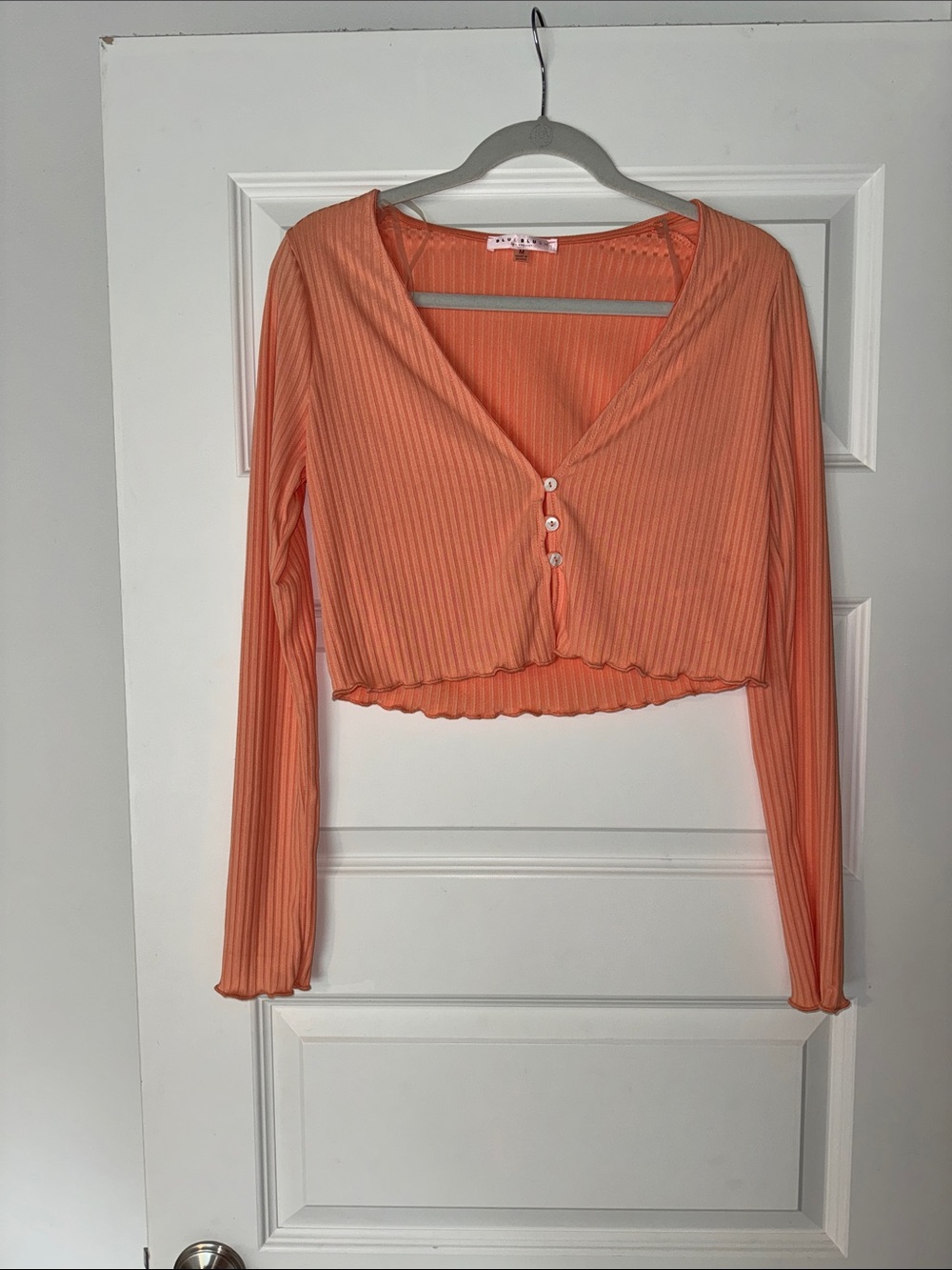 Blue Blush Peach Ribbed Button-Front Crop Top